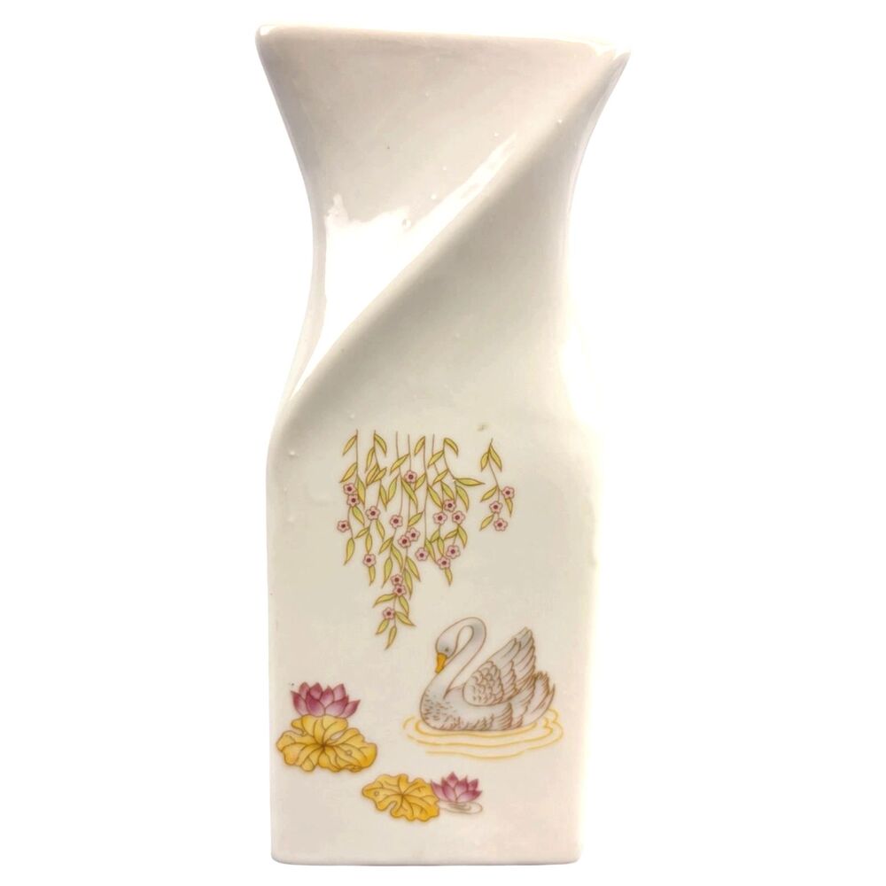 Vintage Japanese White Ceramic Twisted Body Small Bud Vase Swan Lily Pads